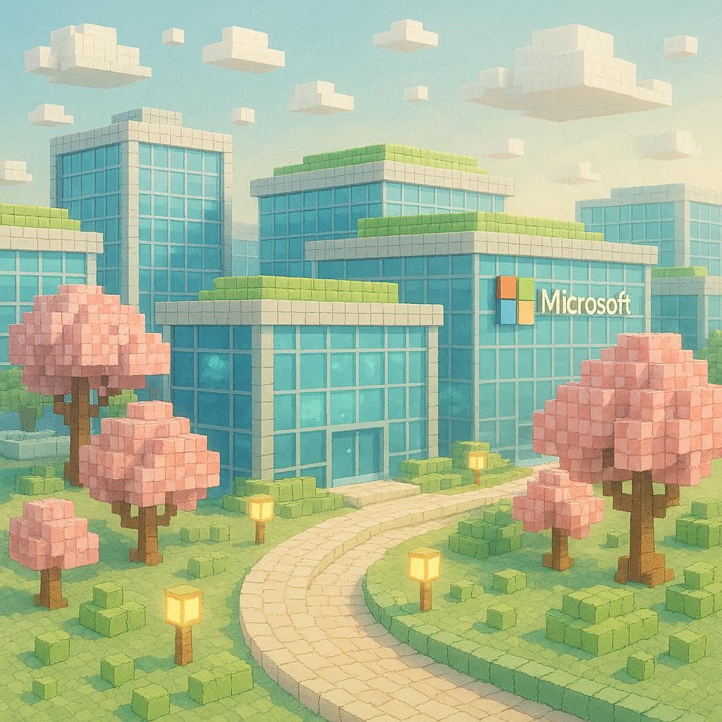 A voxelated Microsoft Campus rendered in pastel cubes, with sleek glass buildings in soft blues and silvers, mossy green cube‑roofs, and beige cube walkways. A curved path of cube‑stone steps winds through pixelated cherry blossom trees and glowing cube‑lamps. Digital screens shimmer faintly on the walls, while blocky clouds drift above. The entire scene feels like a serene pause screen inside a cozy game, blending modern innovation with playful voxel charm.